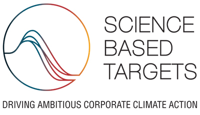 SBT認定ロゴ：アイコンの右横にSBTの正式名称「Science Based Targets」が載っていて、その下に文字「Driving Ambitious Corporate Climate Action」が載っている。